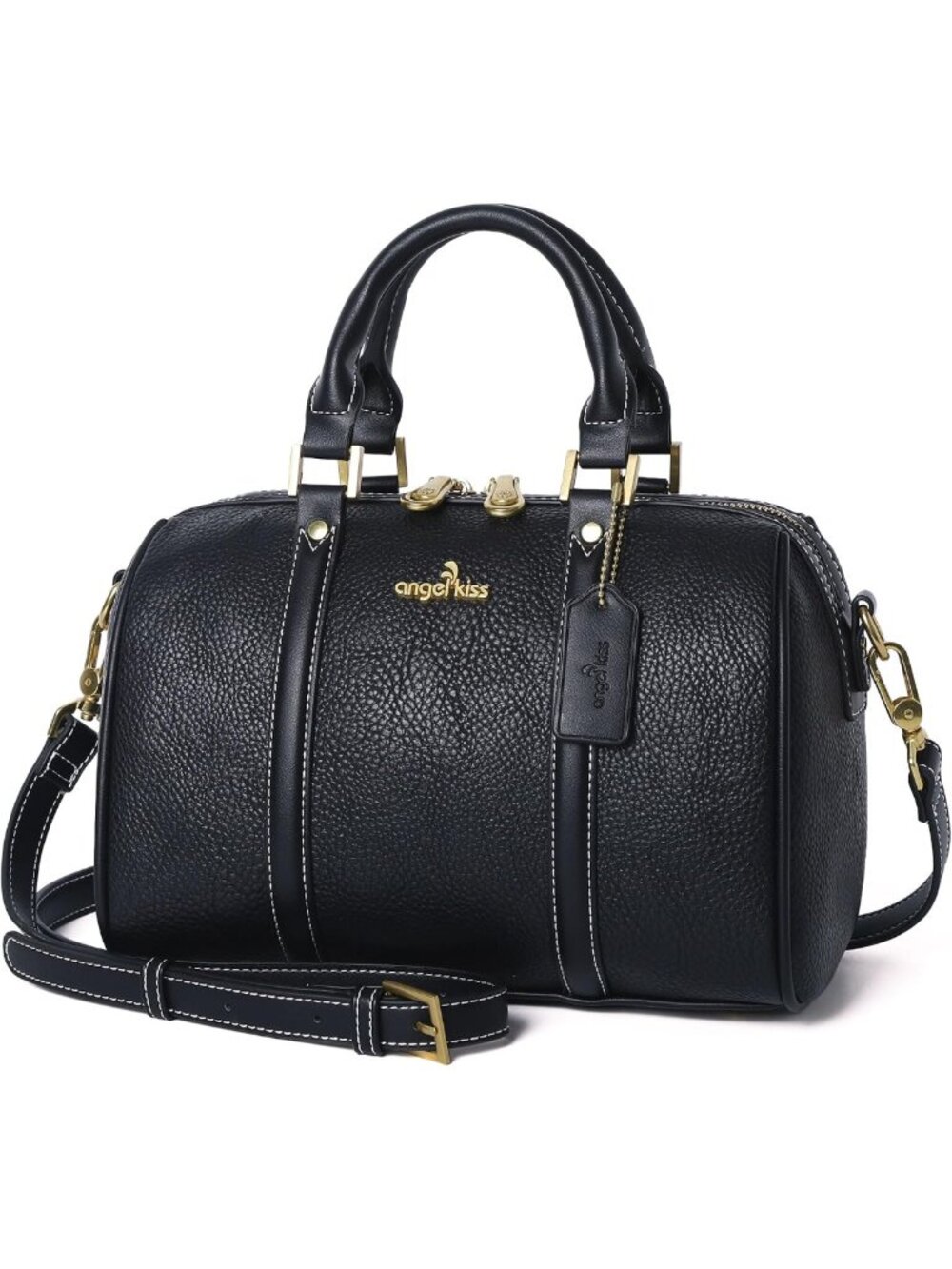 Stylish Vegan Leather Satchel Handbag - Boston Barrel Bag with Crossbody Strap